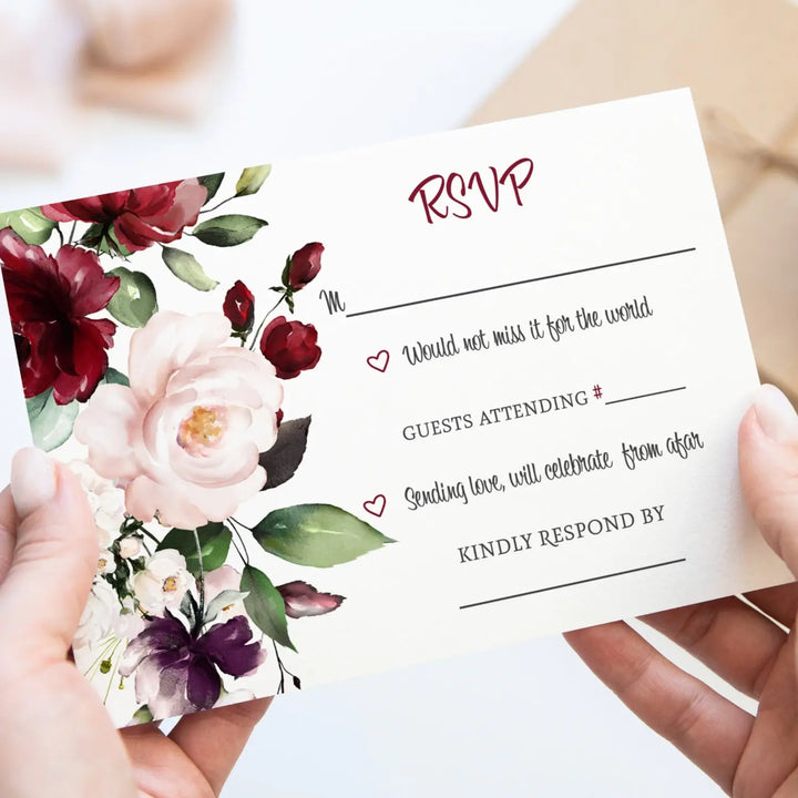 Boho Burgundy Blossom RSVP Cards Contemporary Floral, 3.5x5, Pack of 25