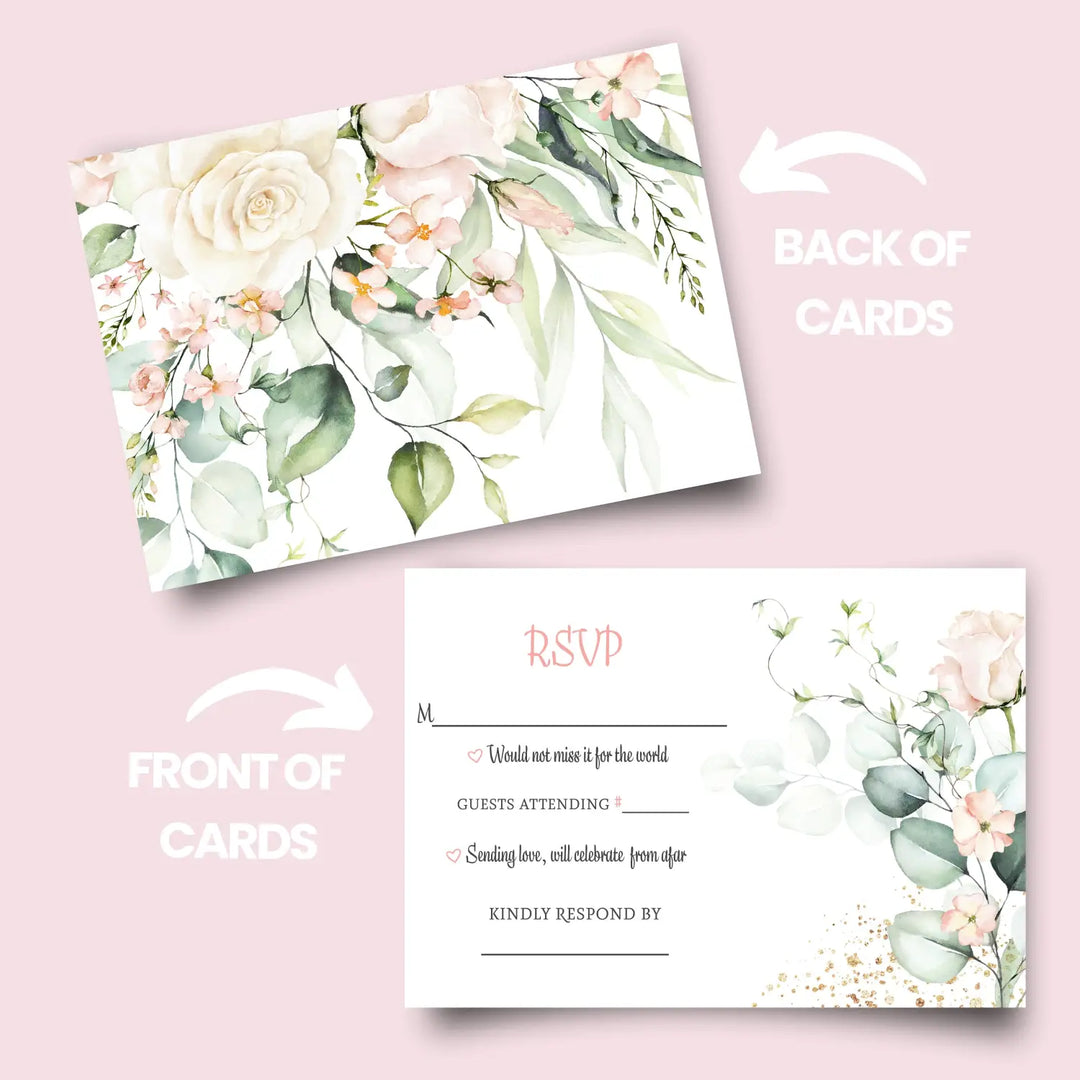 Blush Greenery Pink Floral RSVP Cards - Wedding Response Set, 3.5x5, Envelopes Included, 25 Pack