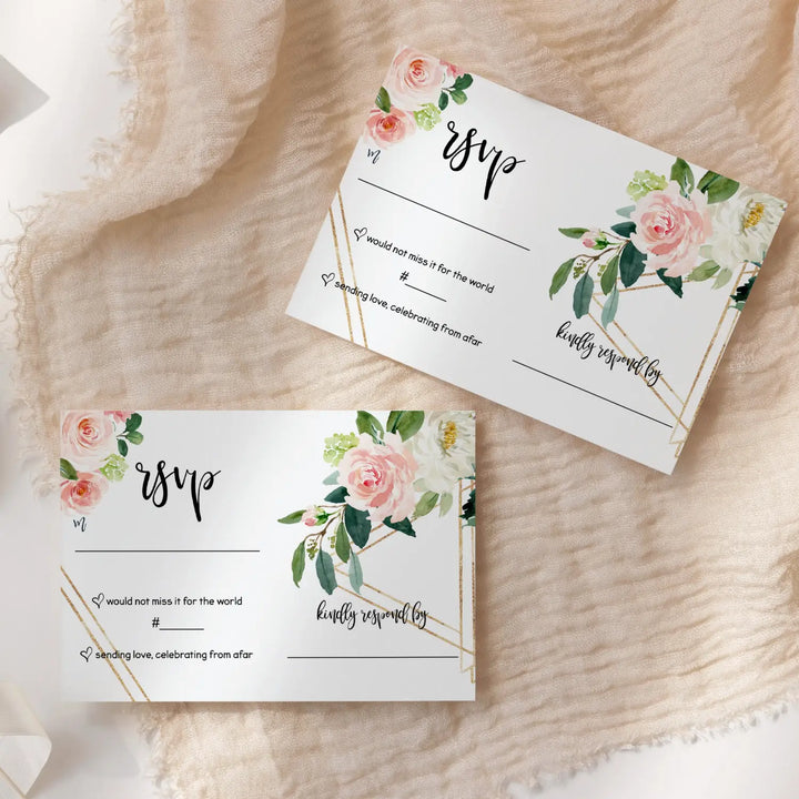 Graceful Greenery Pink Gold Floral RSVP Cards - Wedding Response Set, 3.5x5, Envelopes Included, 25 Pack