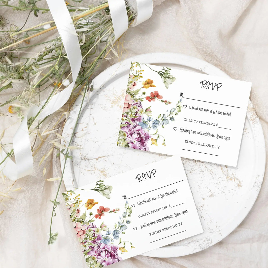 Wildflower Rustic Floral RSVP Cards - Wedding Response Set, 3.5x5, Envelopes Included, 25 Pack