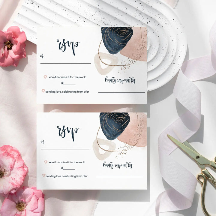 Navy & Pink Abstract RSVP Cards - Modern Wedding Response Set, 3.5x5, Envelopes Included, 25 Pack