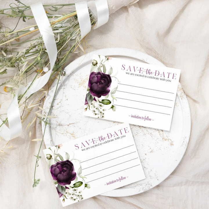 Purple Passion Save the Date Cards with Envelopes - 25 Pack Modern Floral All Occasion Invitations for Weddings, Birthdays & Graduations - 3.5x5 Elegant Design