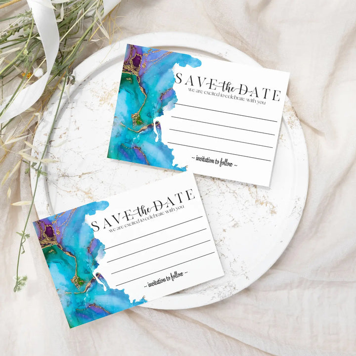 Teal and Purple Save the Date Cards with Envelopes - 25 Pack Modern Watercolor All Occasion Invitations for Weddings, Birthdays & Graduations - 3.5x5 Elegant Design