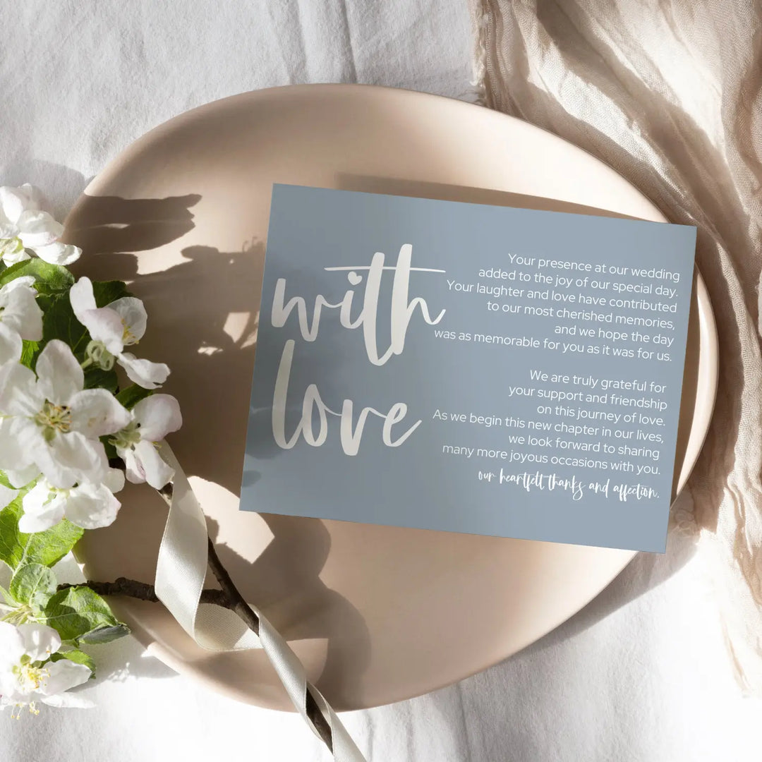 Dusty Blue Wedding Reception Thank You Cards (25 Pack) Modern Table Favors, Elegant Guest Seating Centerpieces, With Love and Gratitude from the Newlyweds, 4x6 Set