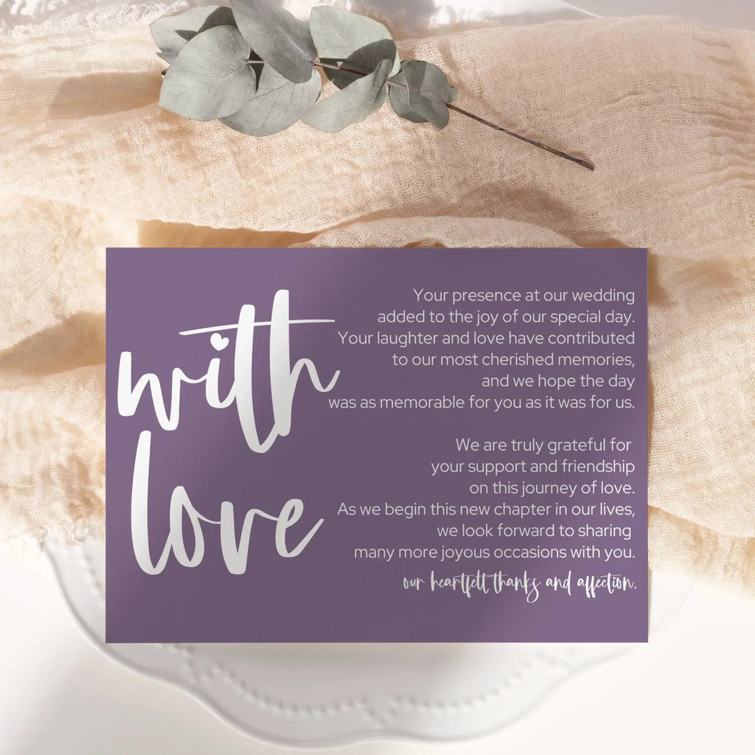 Everafter Plum Wedding Reception Thank You Cards (25 Pack) Modern Table Favors, Elegant Guest Seating Centerpieces, With Love and Gratitude from the Newlyweds, 4x6 Set