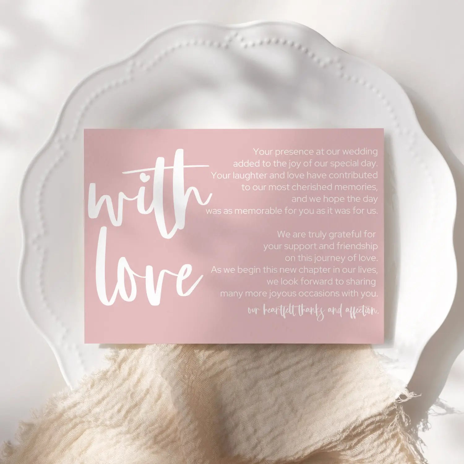 Wedding thank you place setting cards (25 pack) - elegant rosey pink with white lettering - beautiful 4x6 appreciation