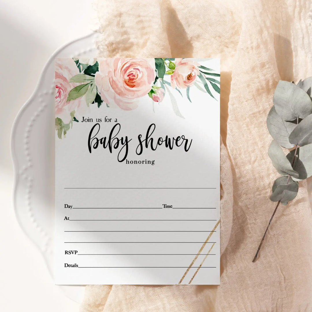 Graceful Floral Baby Shower Invitations Girls, Blank Rustic Invites with Envelopes, DIY 5x7 Cards Blush and Greenery, 25 Pack