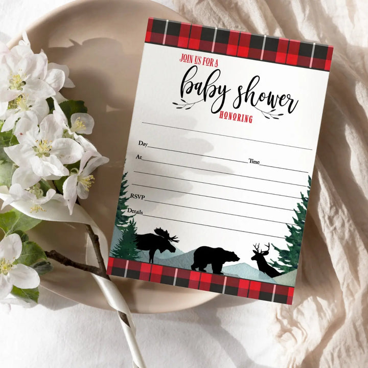 Lumberjack Baby Shower Invitations with Envelopes, 25 Pack, Red and Black, 5x7 Blank Cards for Boys