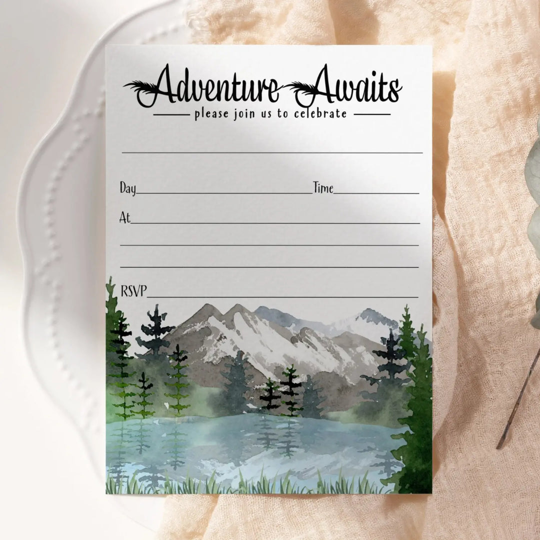 Adventure Awaits Party Invitations with Envelopes, 25 Pack, Rustic Mountain, 5x7 Blank Cards for All Occasions