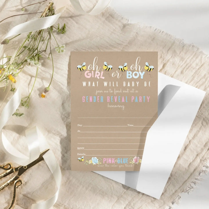 Bee Gender Reveal Invitations with Envelopes, 25 Pack, Customize Party Details, 5x7 Blank Cards