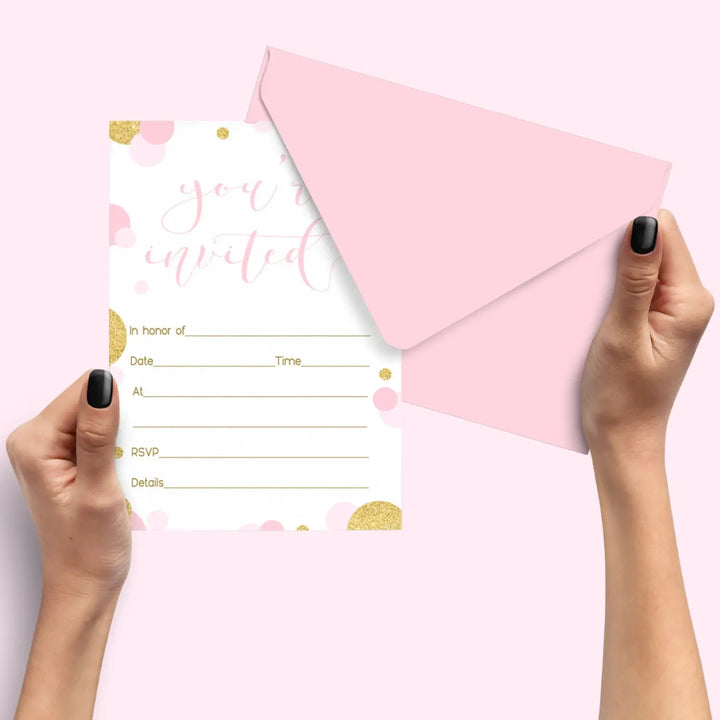 Pink and Gold Invitations with Envelopes (15 Pack)