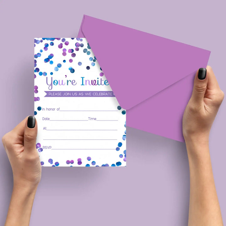 Purple Confetti Invitations with Envelopes (15 Pack)