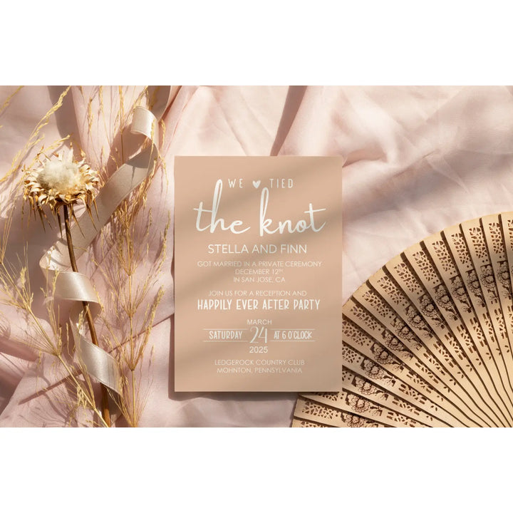 Boho sunset we tied the knot wedding reception invitations - customizable details premium 120lb cardstock & envelopes