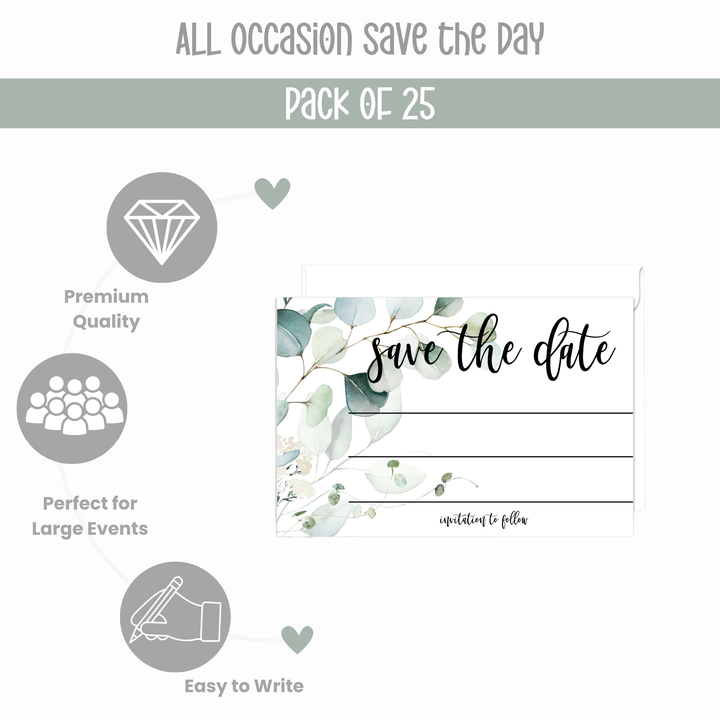 Eucalyptus Greenery Save the Date Cards (25 Pack) - Eco-Friendly Invitations with Envelopes - 3.5x5 - Paper Clever Party