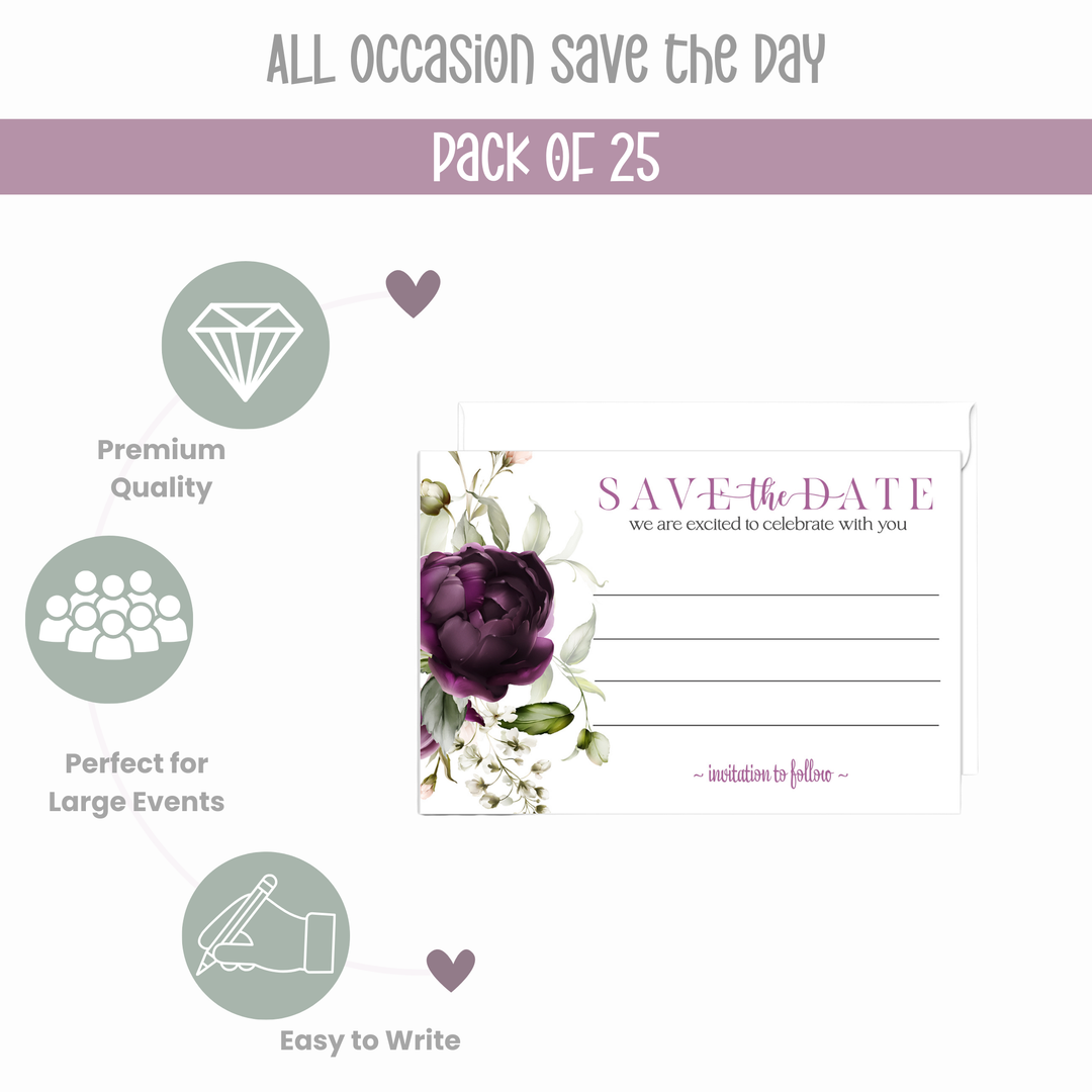 Modern Purple Floral Save the Date Cards (25 Pack) - Sophisticated Invitations with Envelopes - 3.5x5 - Paper Clever Party