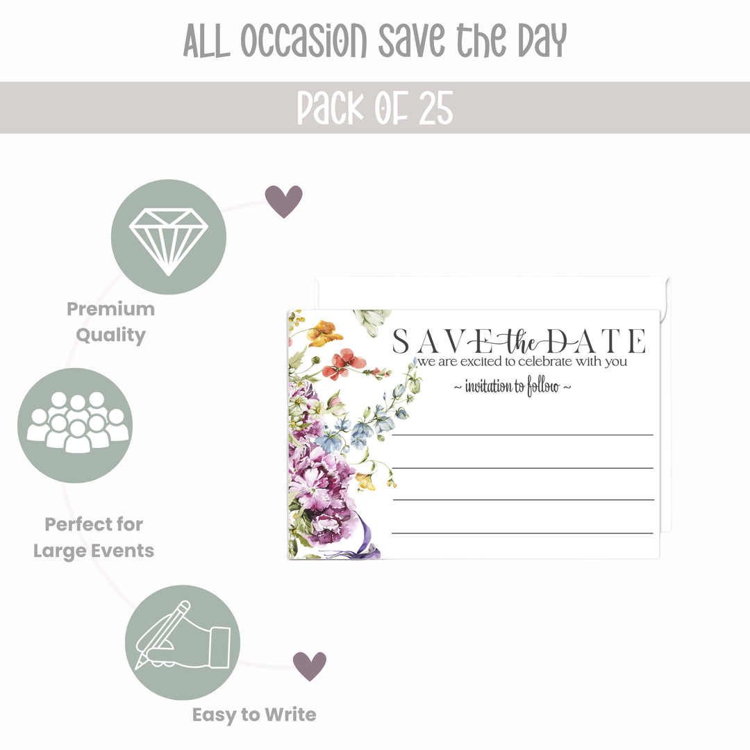 Rustic Wildflower Save the Date Cards (25 Pack) - Charming Invitations for All Occasions - 3.5x5 - Paper Clever Party