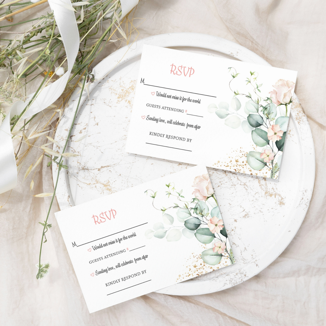 Blush Greenery Pink Floral RSVP Cards - Wedding Response Set, 3.5x5, Envelopes Included, 25 Pack - Paper Clever Party