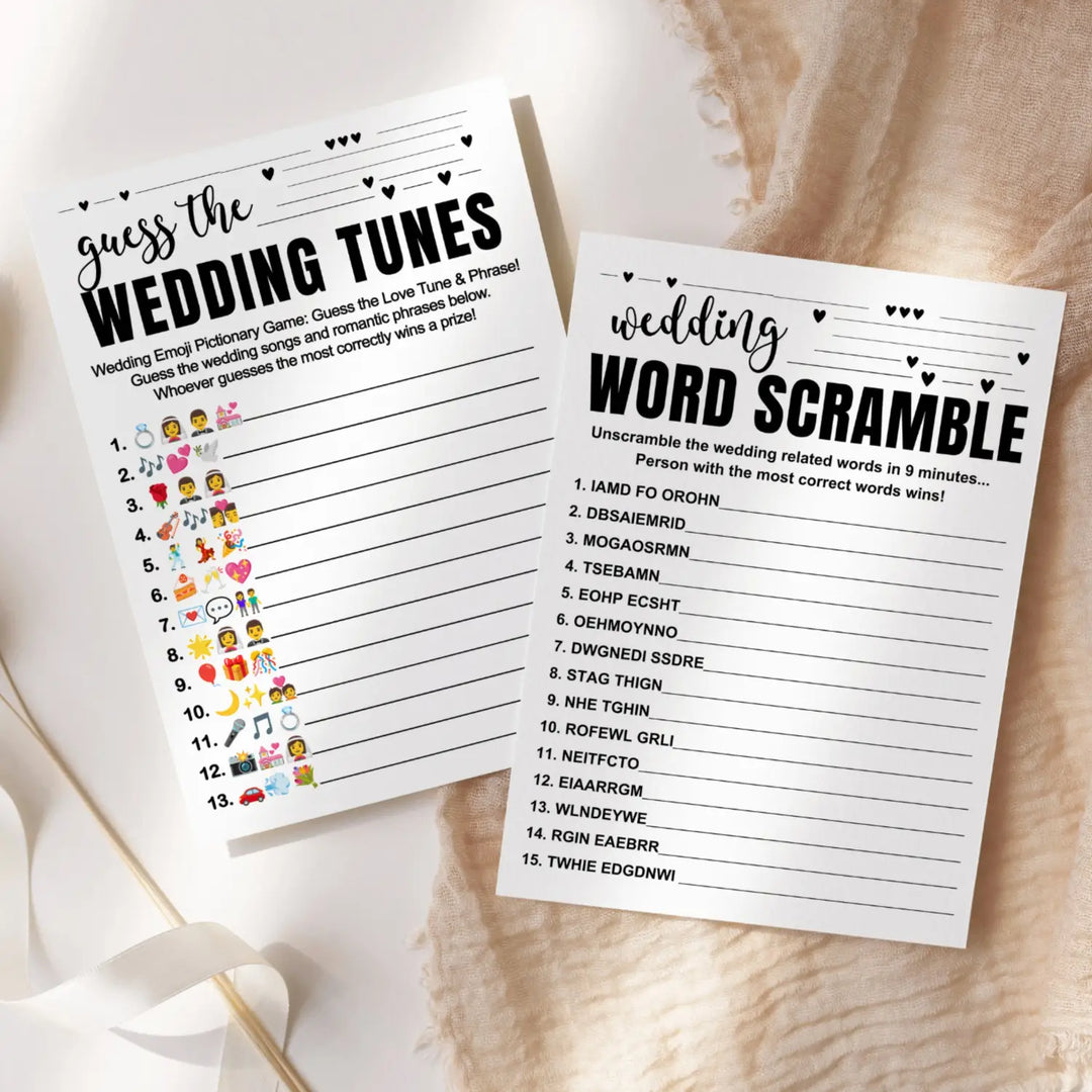 Black and White Bridal Shower Games (25 Each) Wedding Song Pictionary and Word Scramble Fun Guess Activity for Guests Engagement Party, Rehearsal Dinner, Minimalist Design Double-Sided Cards, Bundle