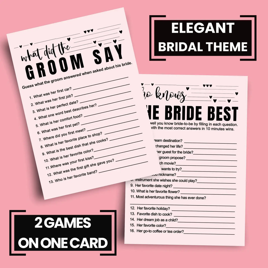 Paper Clever Party Bridal Shower Games - 25 Cards - What Did the Groom Say & Who Knows the Bride Best Wedding Activity - Engagement, Rehearsal Dinner, Modern Pink and Black Design