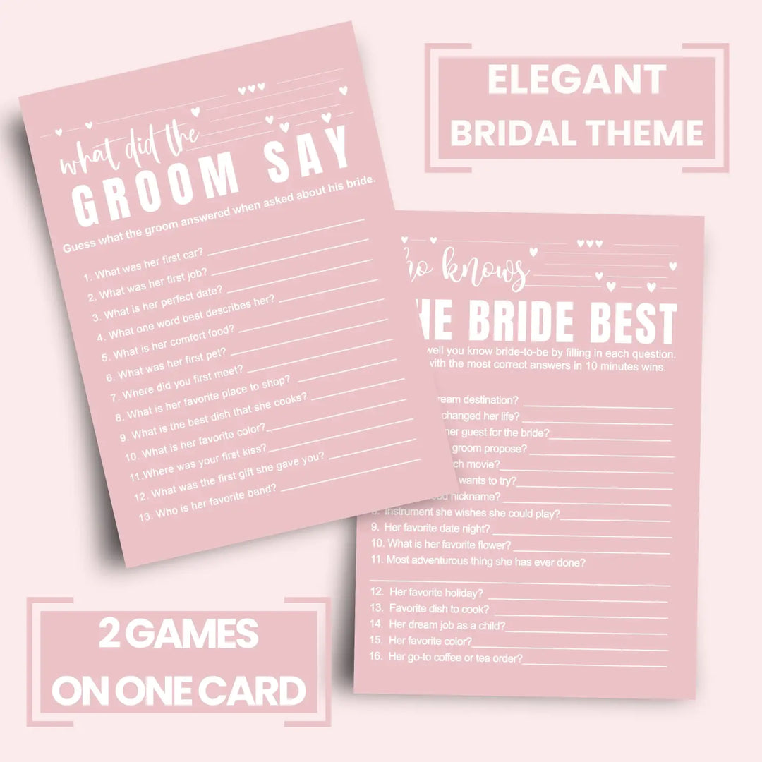 Pink Bridal Shower Games - 25 Cards - What Did the Groom Say & Who Knows the Bride Best Wedding Activity - Engagement, Rehearsal Dinner, Modern Pink and White Design