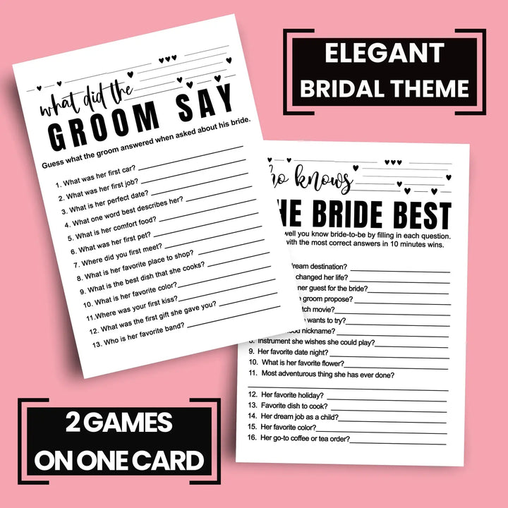 Paper Clever Party Bridal Shower Games - 25 Cards - What Did the Groom Say & Who Knows the Bride Best Wedding Activity - Engagement, Rehearsal Dinner, Modern Black and White Design