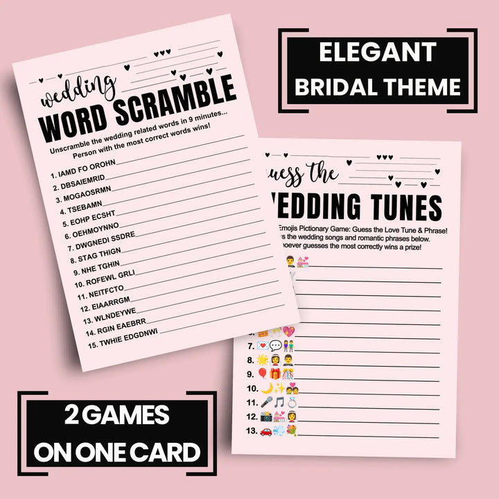 Paper Clever Party Bridal Shower Games (25 Each) Wedding Song Pictionary & Word Scramble Fun Guess Activity for Guests Engagement Party, Rehearsal Dinner, Minimalist Design Double-Sided Cards, Bundle