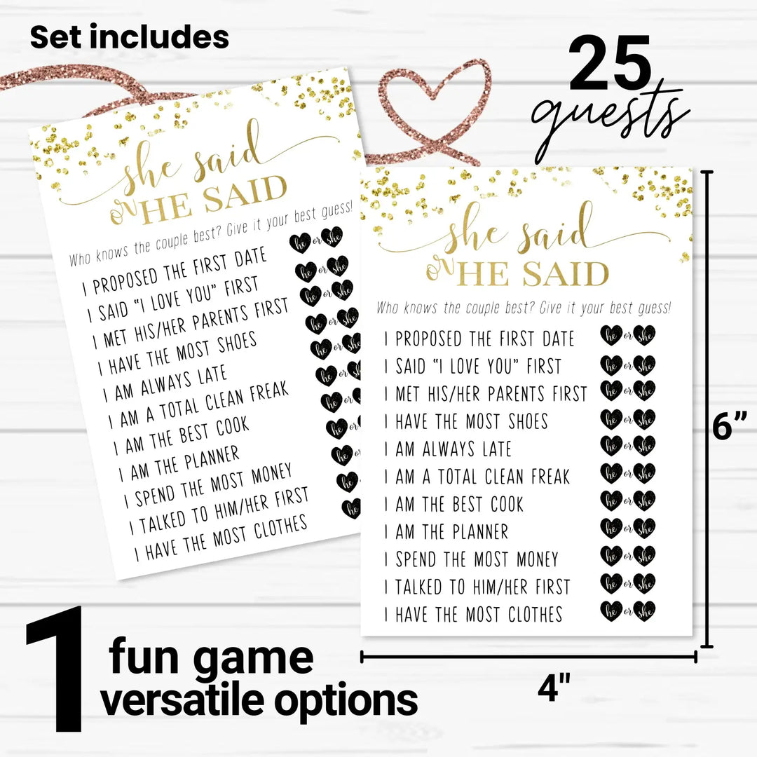 Black and Gold Bridal Shower Games - 25 Cards - He Said She Said Bridal Shower Game, What Did the Bride and Groom Say Guess Who Wedding Activity - Engagement, Rehearsal Dinner, Modern Design