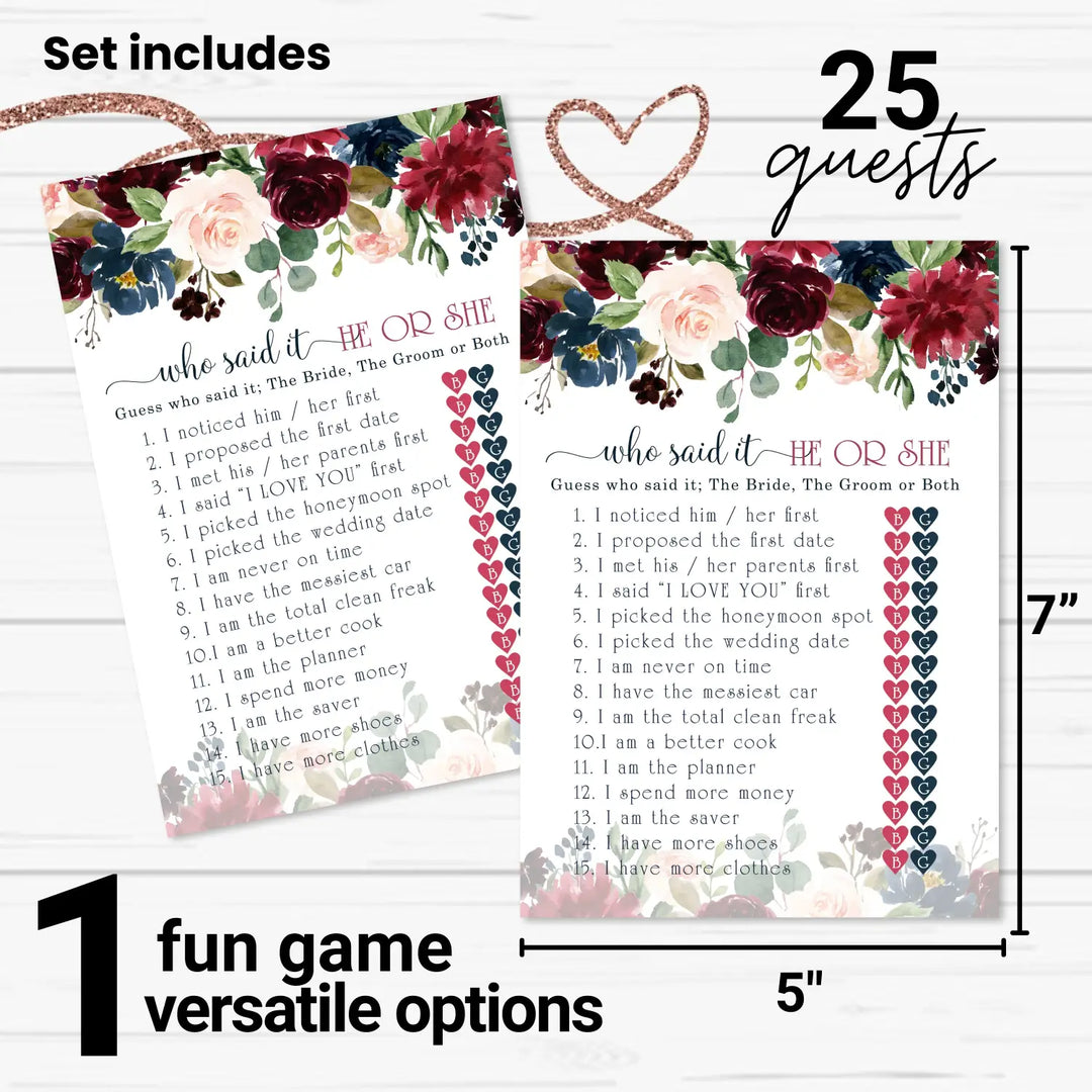 Blue Floral Bridal Shower Games - 25 Cards - He Said She Said Bridal Shower Game, What Did the Bride and Groom Say Guess Who Wedding Activity - Engagement, Rehearsal Dinner, Rustic Burgundy Design