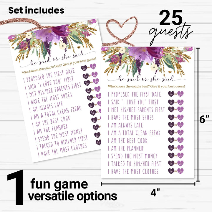 Purple Bridal Shower Games - 25 Cards - He Said or She Said Bridal Shower Game, What Did the Bride and Groom Say Guess Who Wedding Activity - Engagement, Rehearsal Dinner, Modern Floral Design