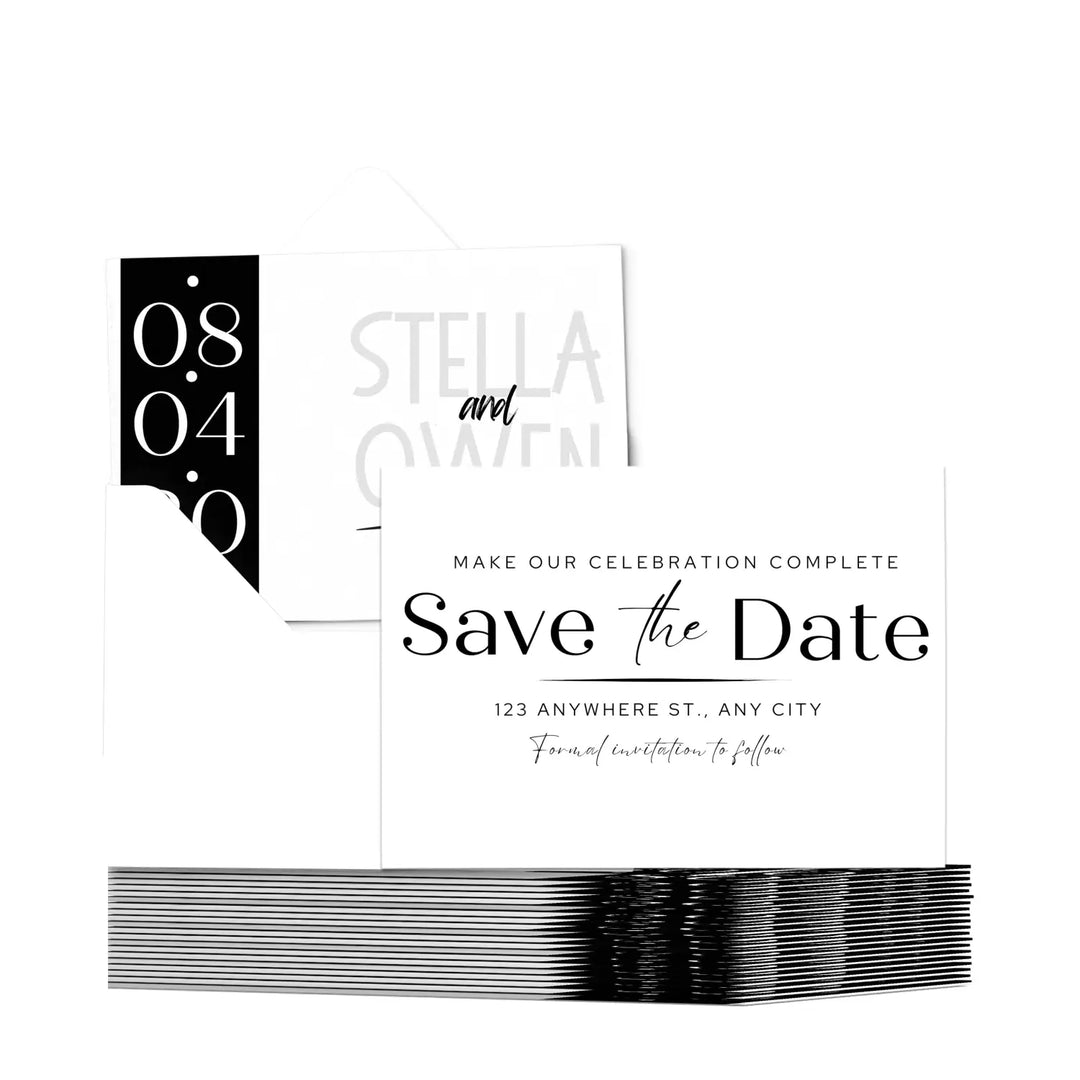 Custom Black and White Minimalist Save the Date Cards - Personalized 4x6 Inch Invitations with Elegant Typography and White Envelopes - Perfect for Weddings, Birthdays, and Showers