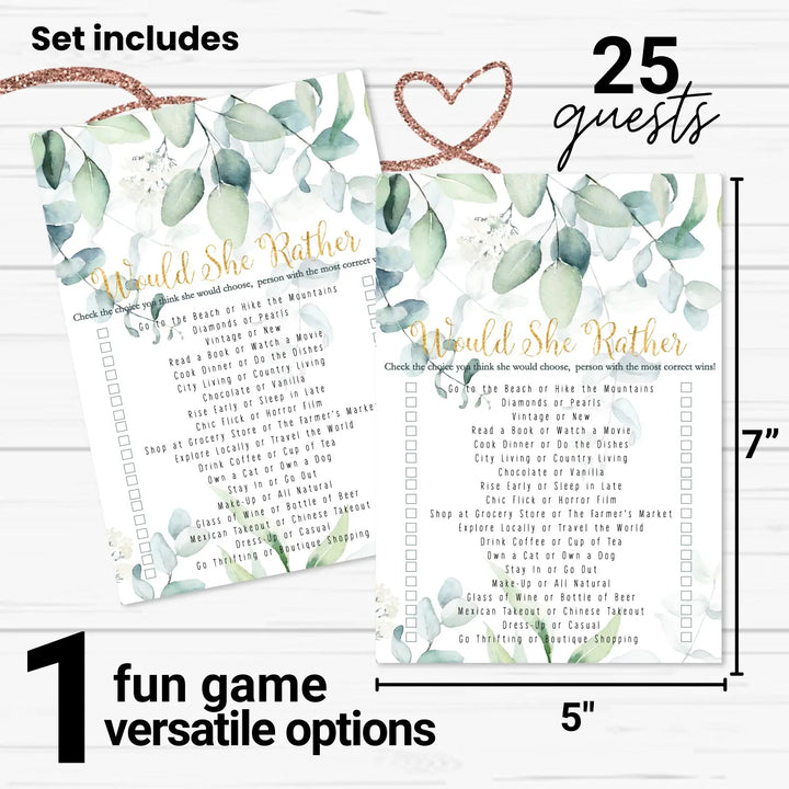 Greenery Bridal Shower Games – 25 Cards - Who Knows Bride Best Bridal Shower Game Would She Rather Wedding Reception or Birthday Girl Activity, Rustic Botanical Designs, 5x7 Pack