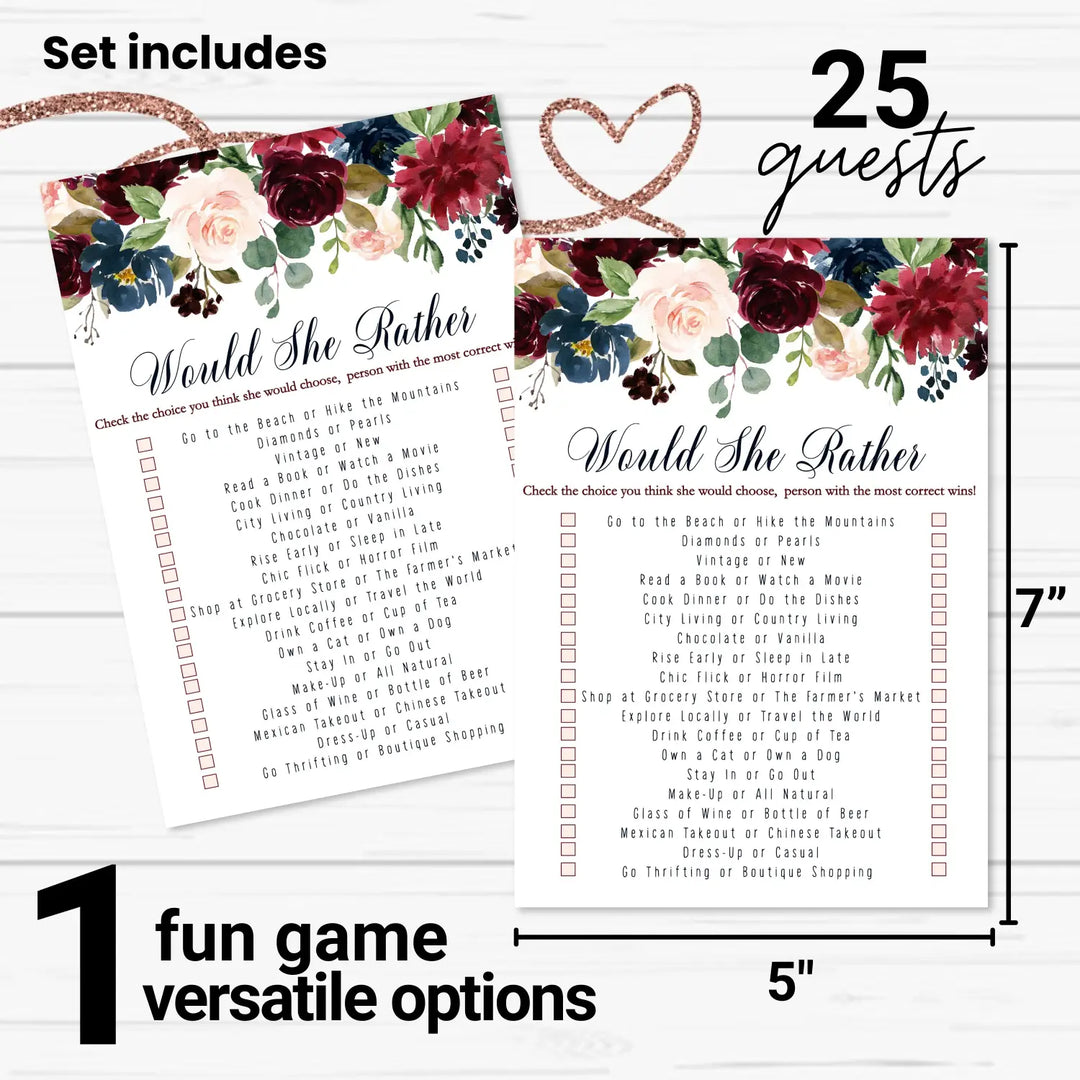 Blue Floral Bridal Shower Games – 25 Cards - Who Knows Bride Best Bridal Shower Game Would She Rather Wedding Reception or Birthday Girl Activity, Rustic Burgundy Designs, 5x7 Pack