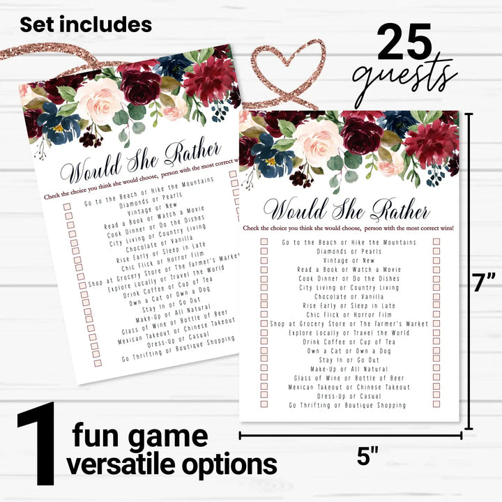 Blue Floral Bridal Shower Games – 25 Cards - Who Knows Bride Best Bridal Shower Game Would She Rather Wedding Reception or Birthday Girl Activity, Rustic Burgundy Designs, 5x7 Pack