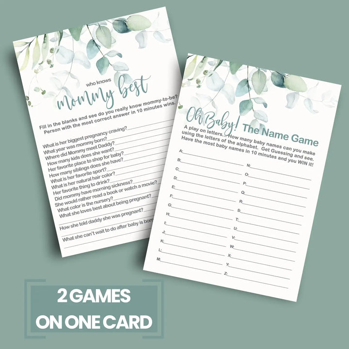 Botanical Bliss - Eucalyptus & Gold Baby Shower Game Set, 5x7 Double-Sided Cards (25 ct)