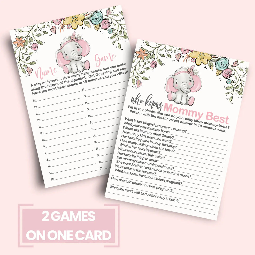 Elephant Elegance - Cottage Elephant Baby Shower Game Set, Pink, 5x7 Cards (25 ct)