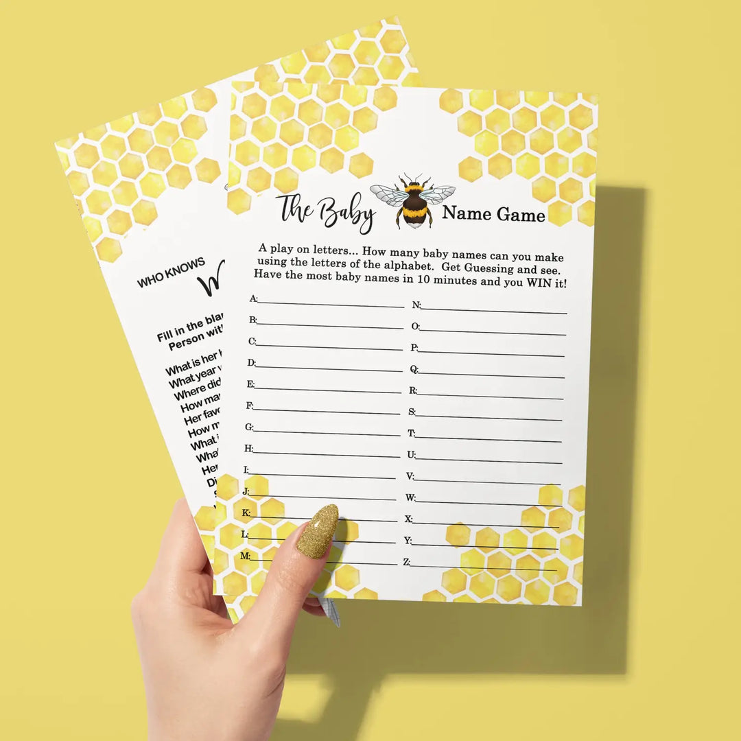 Mama to Bee Baby Shower Games, 25 Each - Baby Name Race and Who Knows Mommy Best, Fun Baby Games for Baby Shower, Bumblebee Favors Decor Ideas, Gender Neutral Baby Shower Activity Planning, Two-Sided