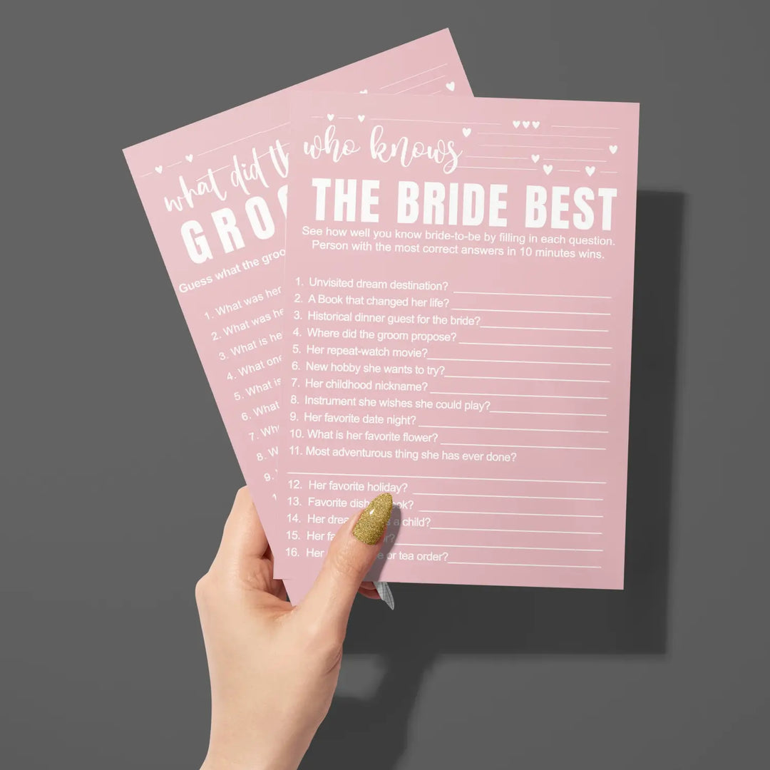 Pink Bridal Shower Games - 25 Cards - What Did the Groom Say & Who Knows the Bride Best Wedding Activity - Engagement, Rehearsal Dinner, Modern Pink and White Design