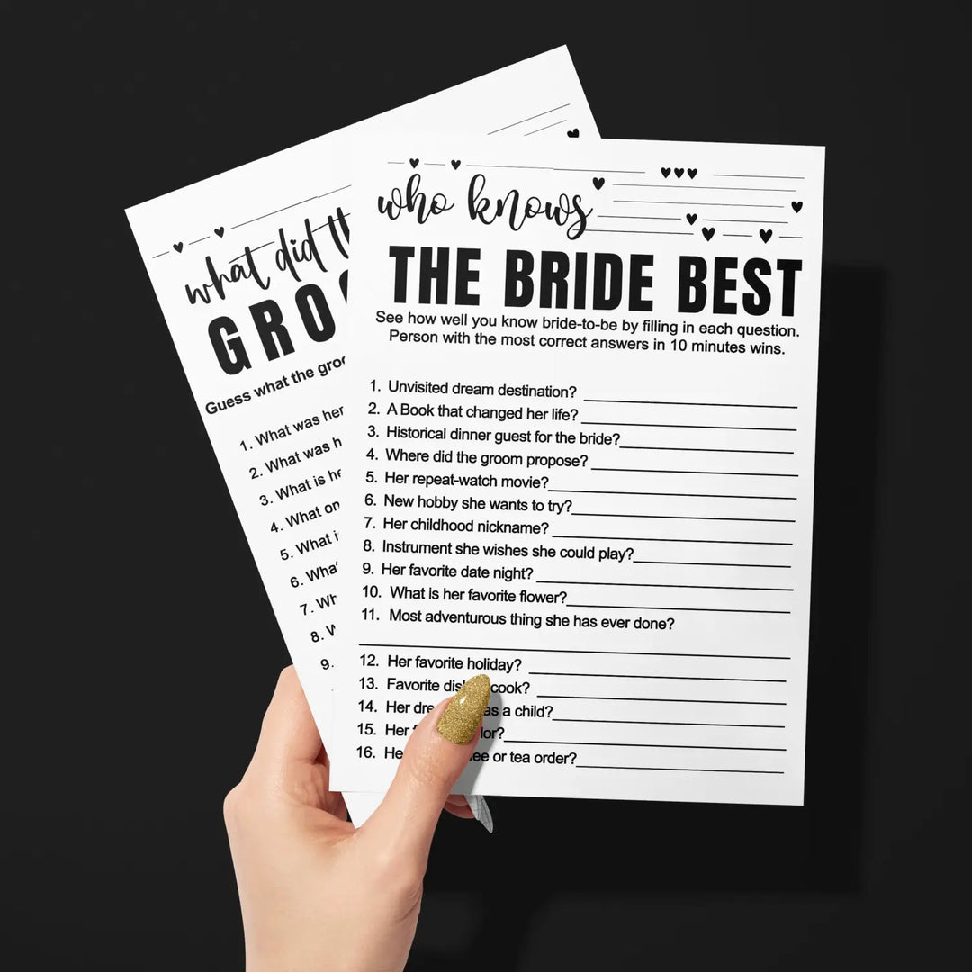 Paper Clever Party Bridal Shower Games - 25 Cards - What Did the Groom Say & Who Knows the Bride Best Wedding Activity - Engagement, Rehearsal Dinner, Modern Black and White Design