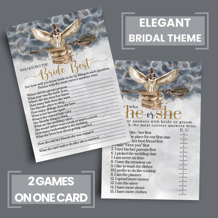 Magic Owl Bridal Shower Games – Bundle Includes He Said or She Said & Who Knows the Bride Best Wedding Shower Game Engagement Party, Rehearsal Dinner, Black and Gold Design, 25 Double-Sided Card