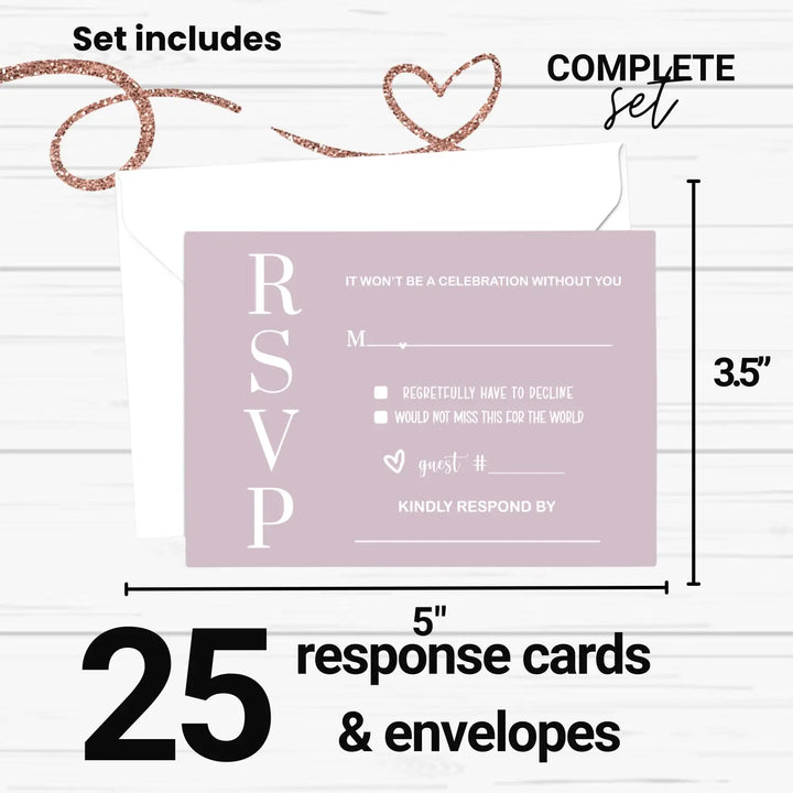 Wild Lilac RSVP Card 25 Pack - Minimalist Wedding Invitation Response Cards with Envelopes