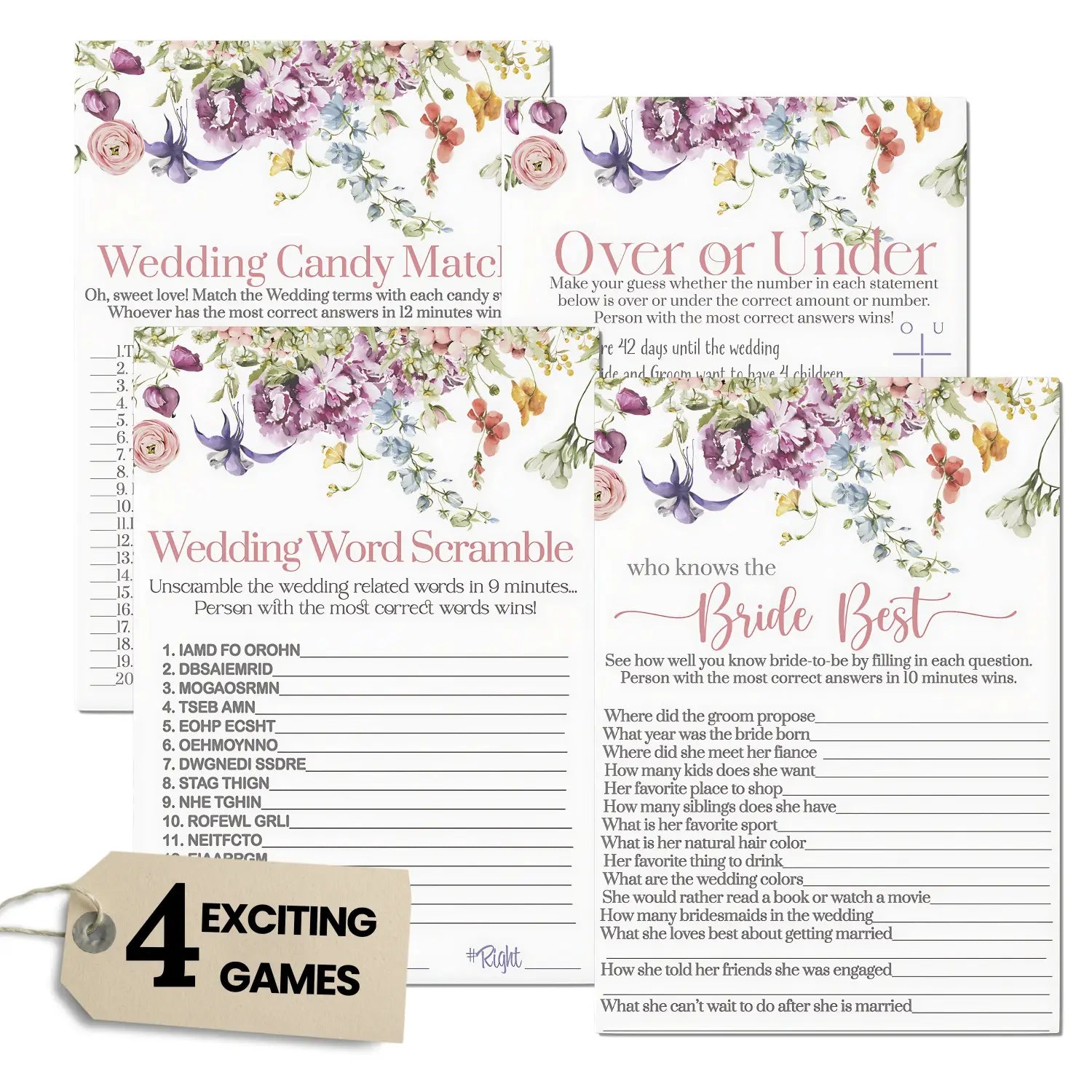 Wildflower bridal shower games (25 each) who knows the bride best word scramble candy guess over or under fun wedding
