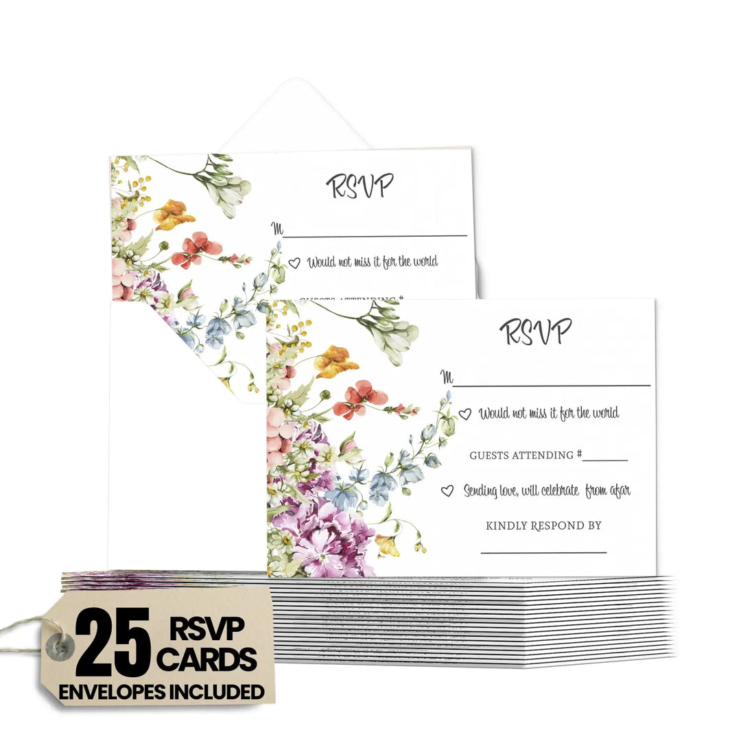 Wildflower Rustic Floral RSVP Cards - Wedding Response Set, 3.5x5, Envelopes Included, 25 Pack