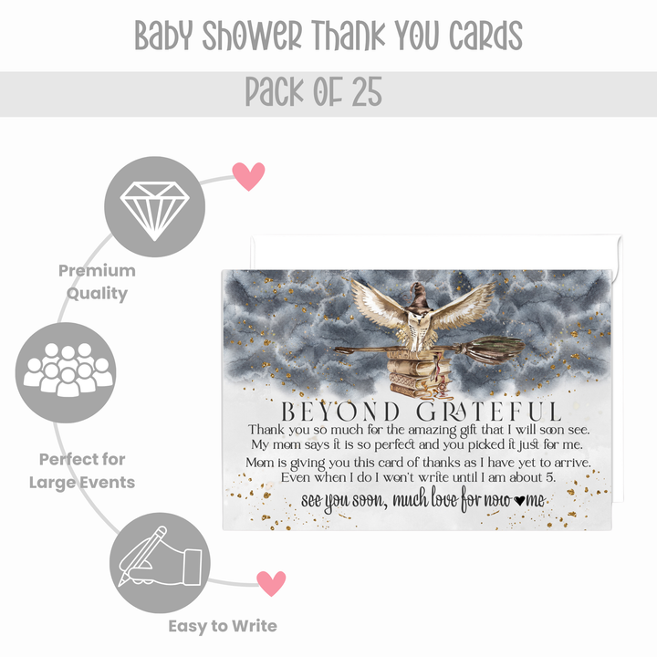 Magic Owl Baby Shower Thank You Cards - Luxurious Black & Gold Notecard Set (25 Pack) - Paper Clever Party