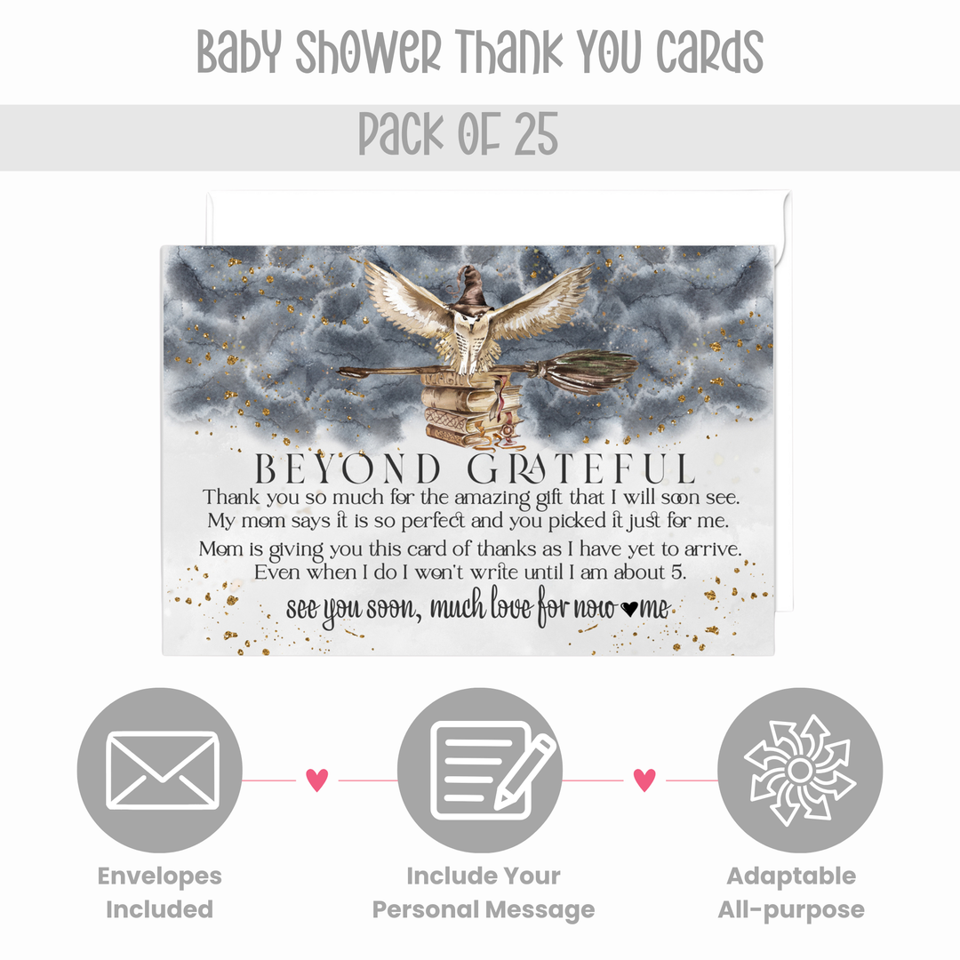 Magic Owl Baby Shower Thank You Cards - Luxurious Black & Gold Notecard Set (25 Pack) - Paper Clever Party