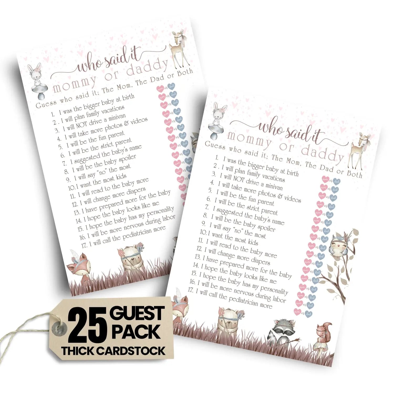 Girls woodland baby shower game mommy or daddy - 25 pack guess who activity cards fun ideas for games printed 5x7 set
