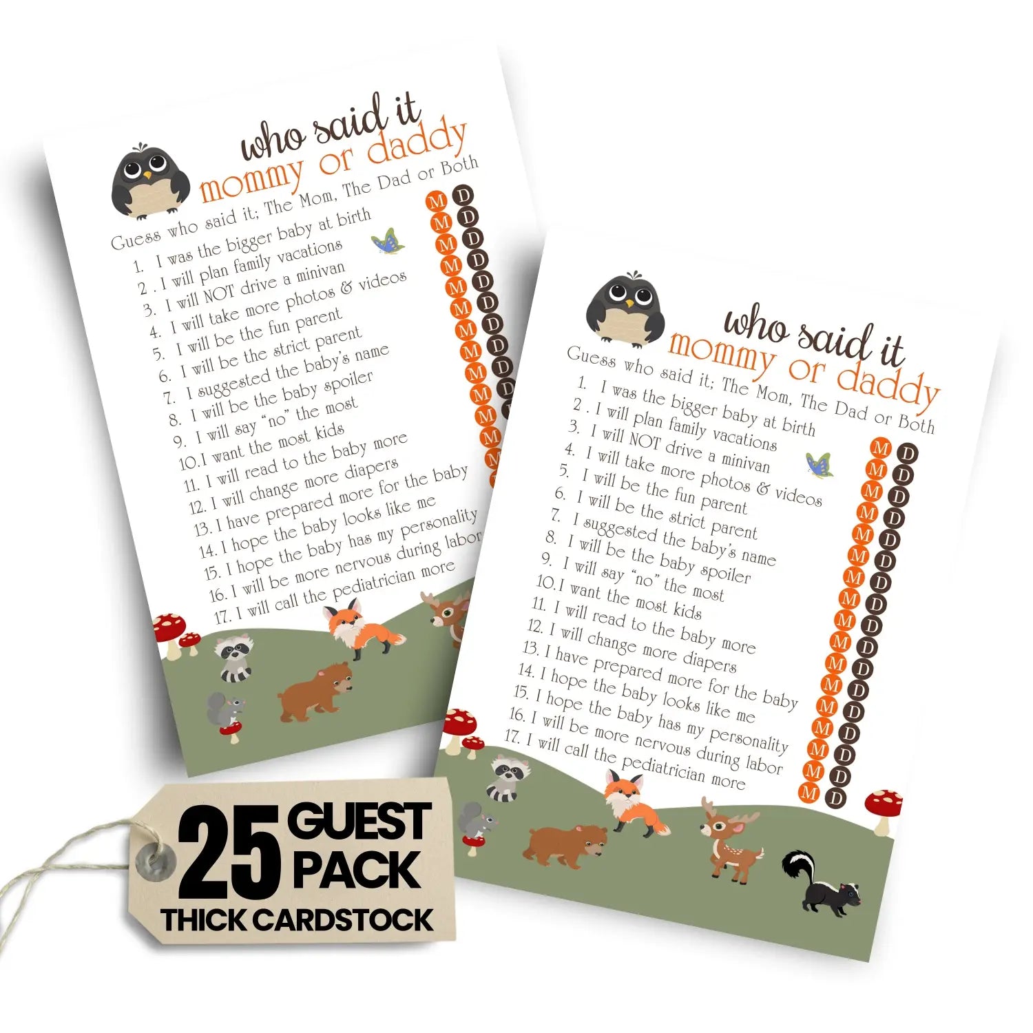Woodland mommy or daddy baby shower game - 25 pack guess who activity cards cute rustic gender reveal themes printed