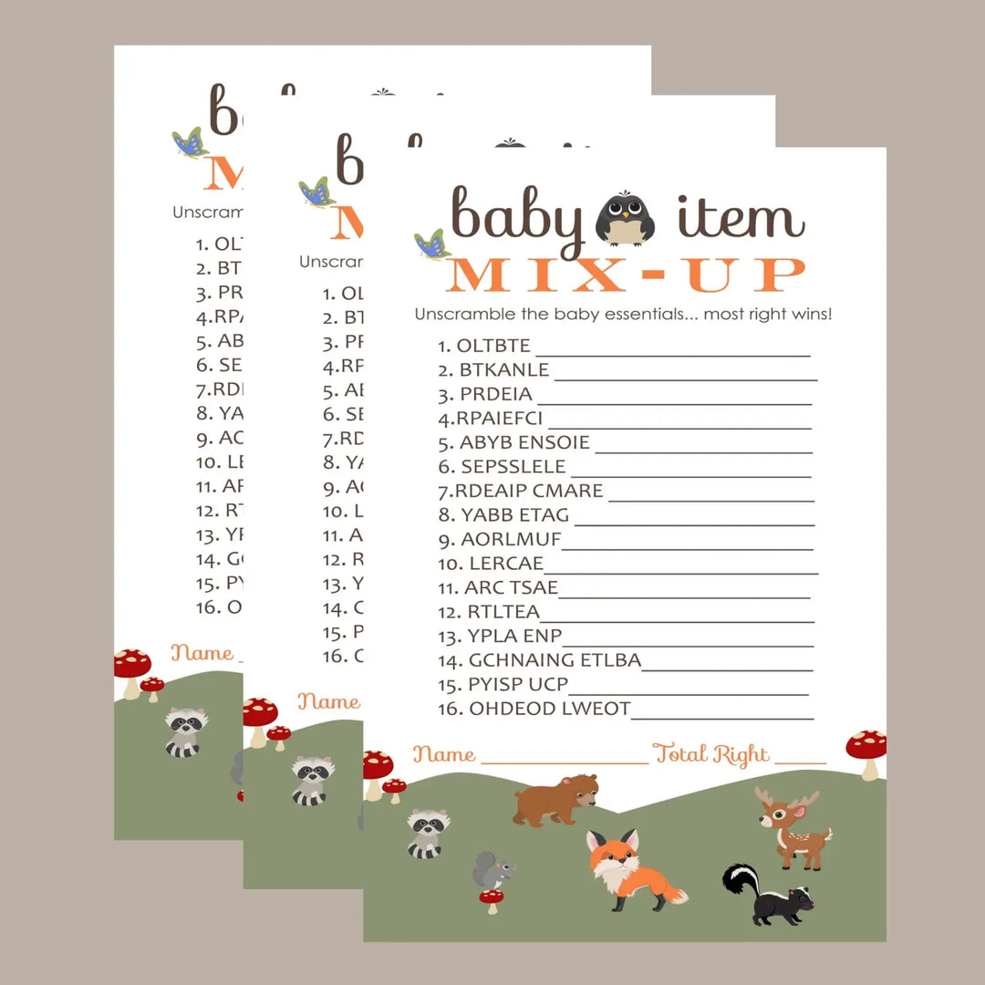 Woodland Baby Shower Word Scramble Game - 25 Pack Unscramble Activity Cards for Gender Reveal - Rustic Forest Animal Theme for Boy Girl - Printed 4 x 6 Size Set