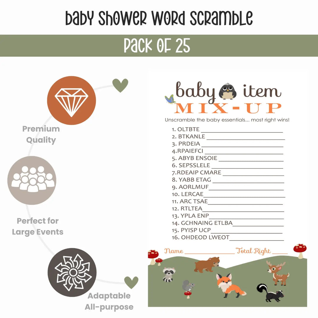 Woodland Baby Shower Word Scramble Game - 25 Pack Unscramble Activity Cards for Gender Reveal - Rustic Forest Animal Theme for Boy Girl - Printed 4 x 6 Size Set