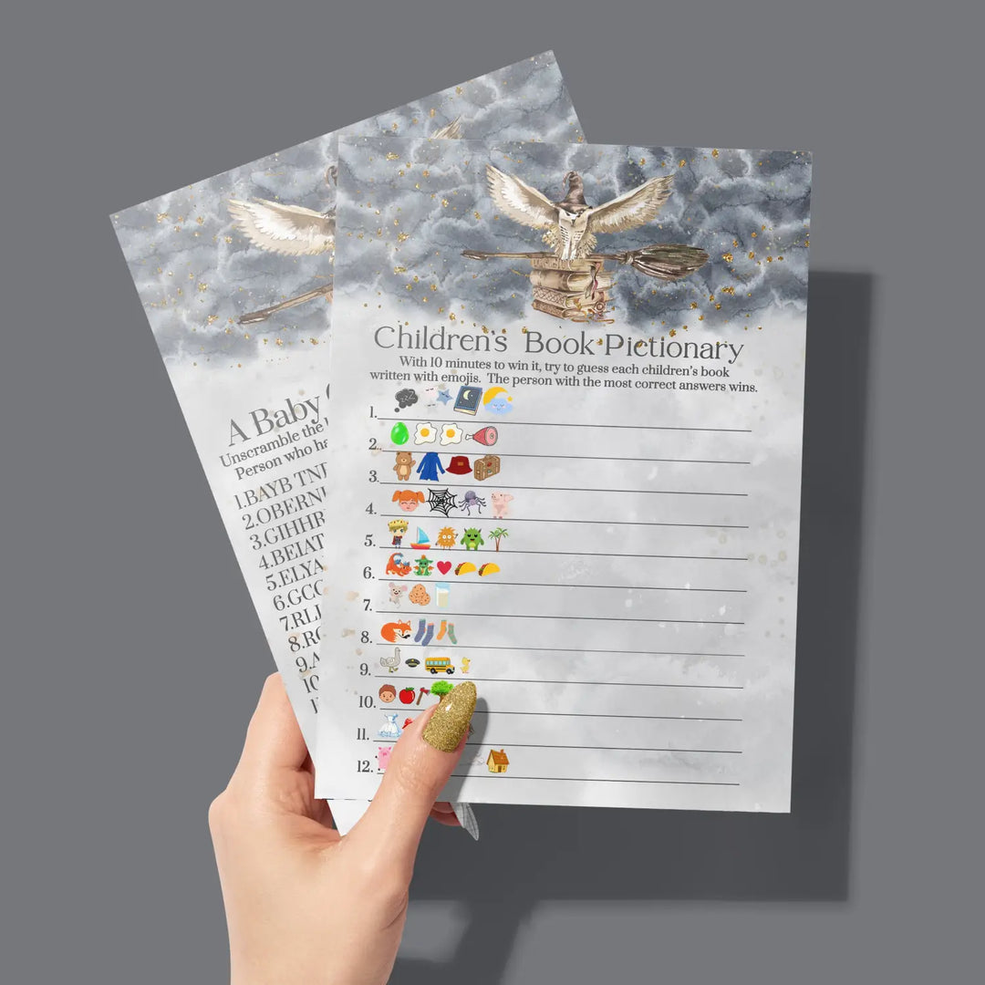 Magic Owl Baby Shower Game Set, Wizard Black & Gold, aby Shower Game Set with Word Scramble and Emoticon Guessing