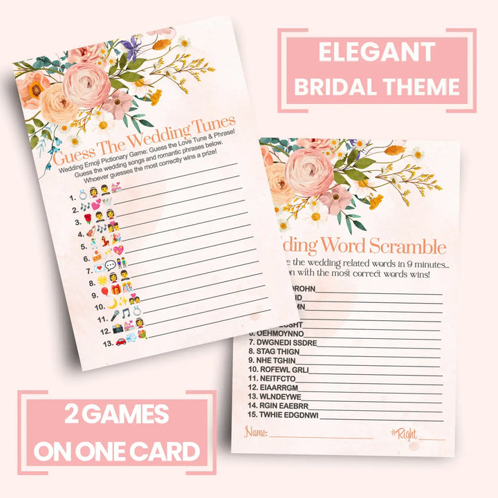 Boho Bridal Shower Games (25 Each) Wedding Song Pictionary and Word Scramble Fun Guess Activity for Guests Engagement Party, Rehearsal Dinner, Rustic Floral Design Double-Sided Cards, Bundle